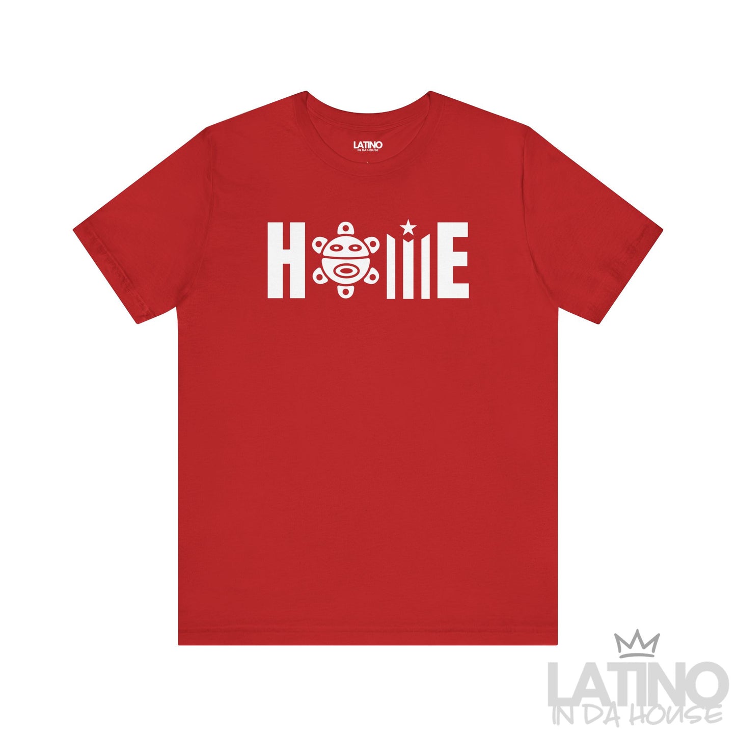 HOME Taíno Edition T-Shirt in Red — white HOME design with Taíno symbol. Latino In Da House