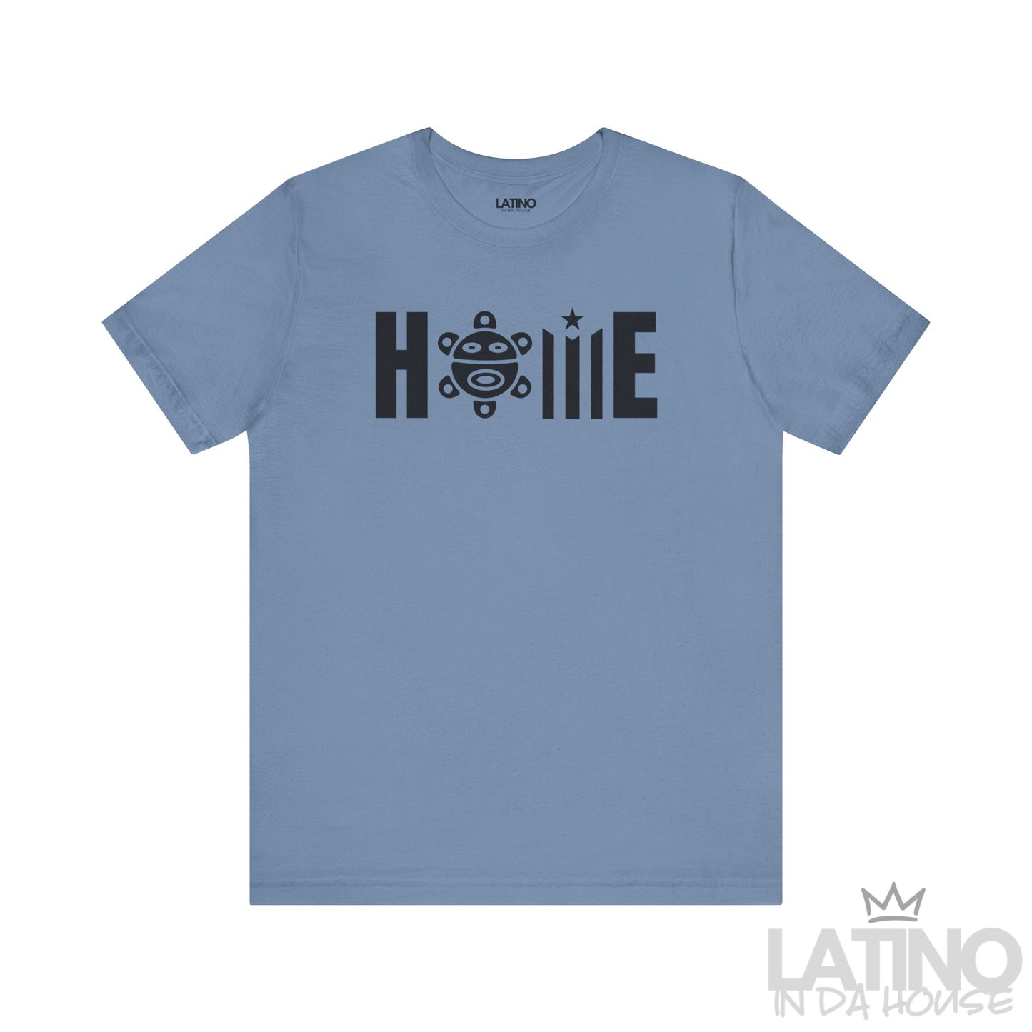 HOME Taíno Edition T-Shirt in Steel Blue — black Taíno symbol and text. Latino In Da House 