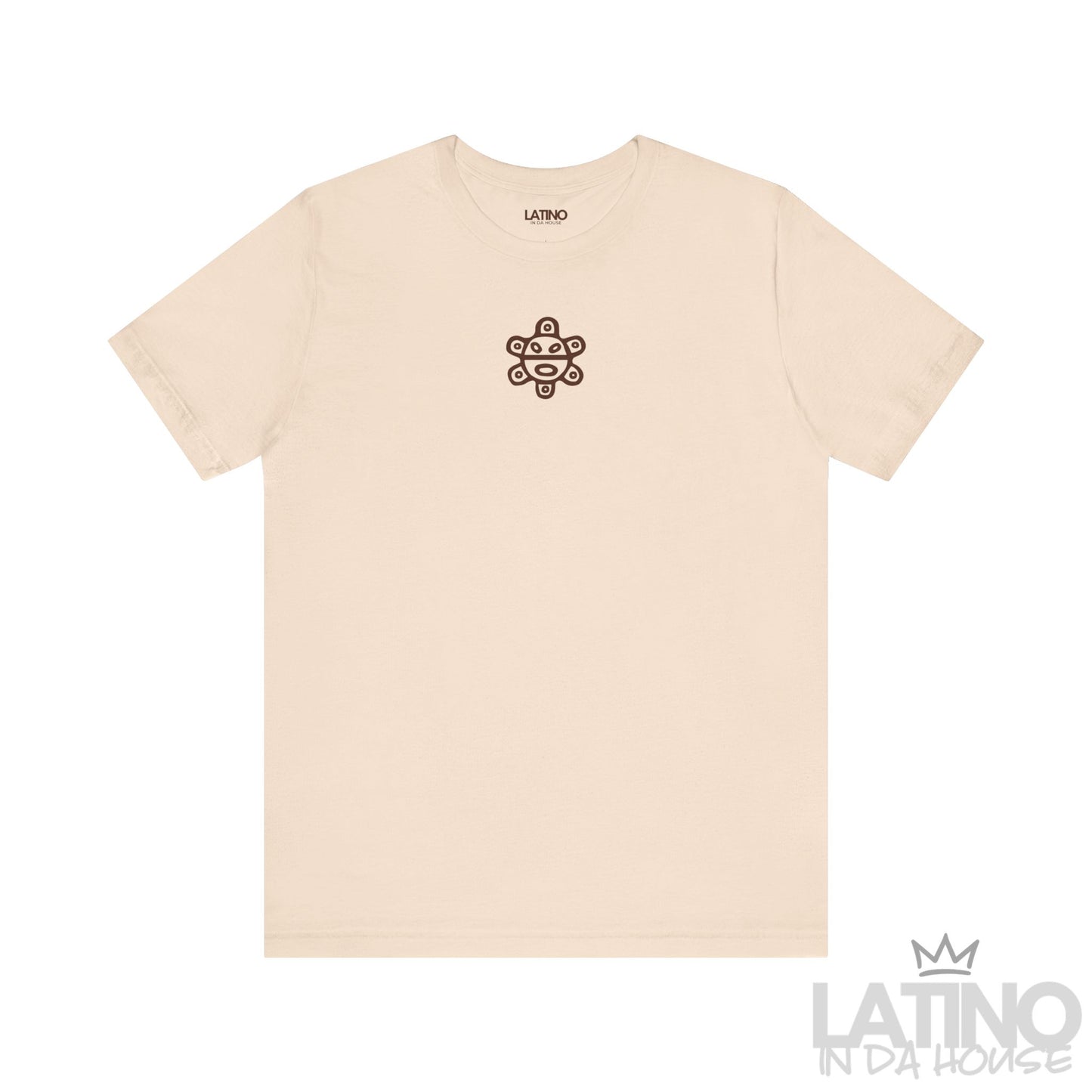 Soft cream T-shirt with brown Taíno sun symbol chest design by Latino In Da House.