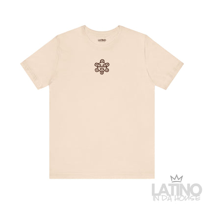 Soft cream T-shirt with brown Taíno sun symbol chest design by Latino In Da House.