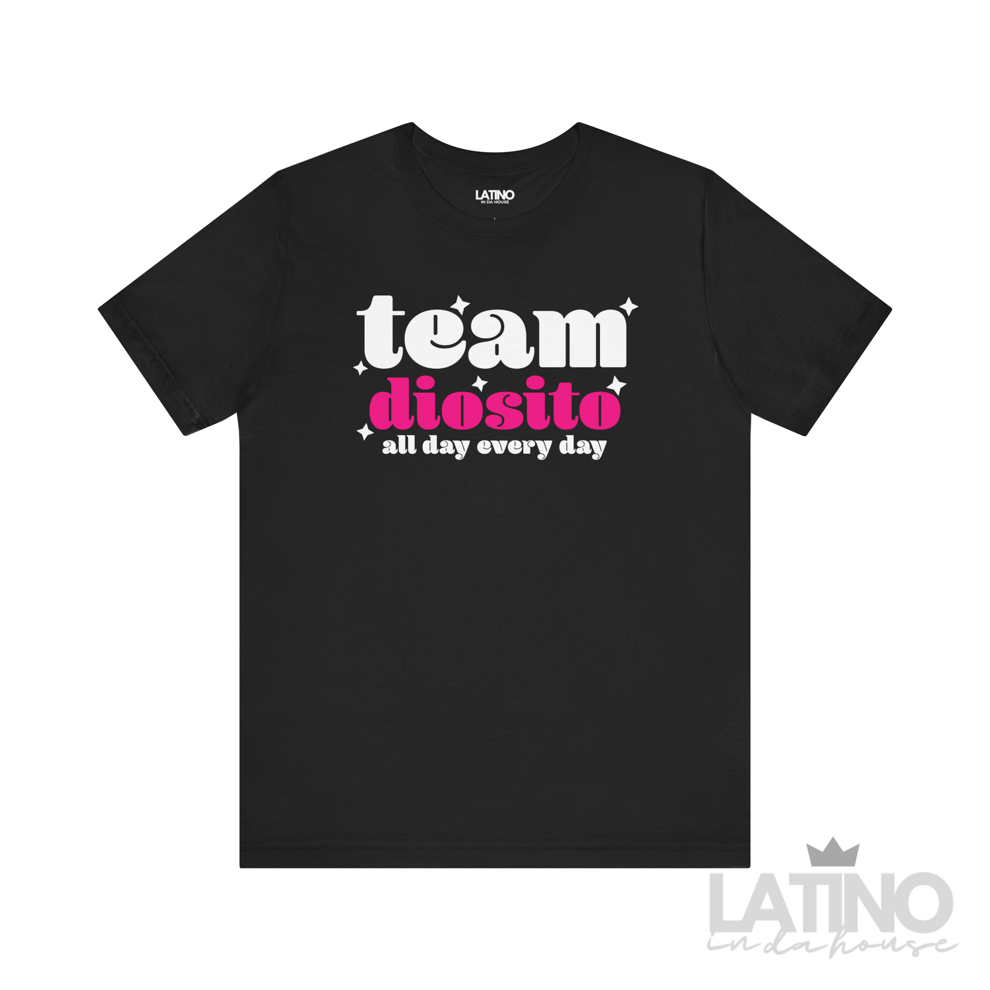 Team Diosito Faith T-Shirt in black with bold pink and white text – Latino In Da House