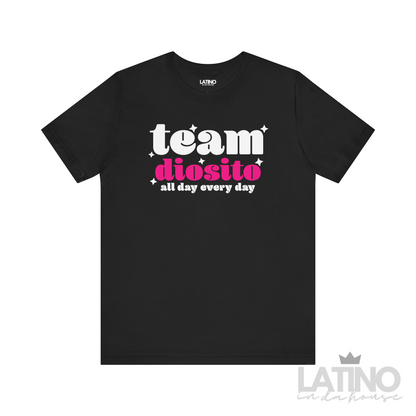Team Diosito Faith T-Shirt in black with bold pink and white text – Latino In Da House
