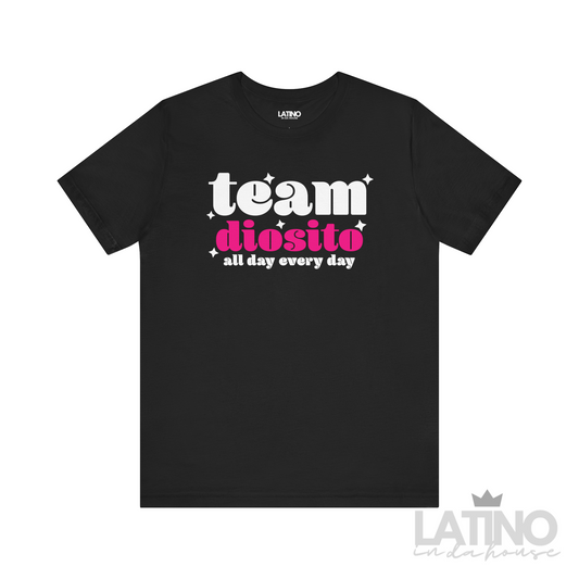 Team Diosito Faith T-Shirt in black with bold pink and white text – Latino In Da House