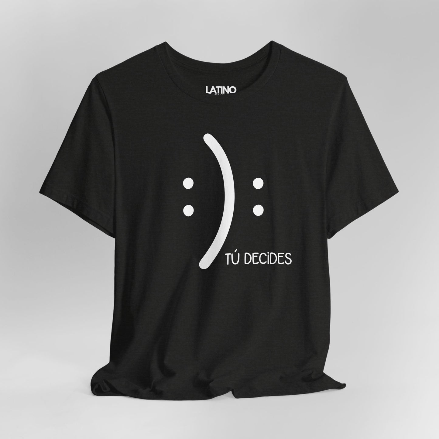 Close up  Decides T-Shirt in black featuring minimalist half-smile and half-frown design with text Tú Decides. Latino In Da House
