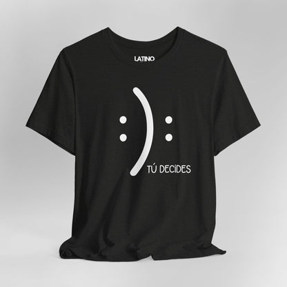 Close up  Decides T-Shirt in black featuring minimalist half-smile and half-frown design with text Tú Decides. Latino In Da House