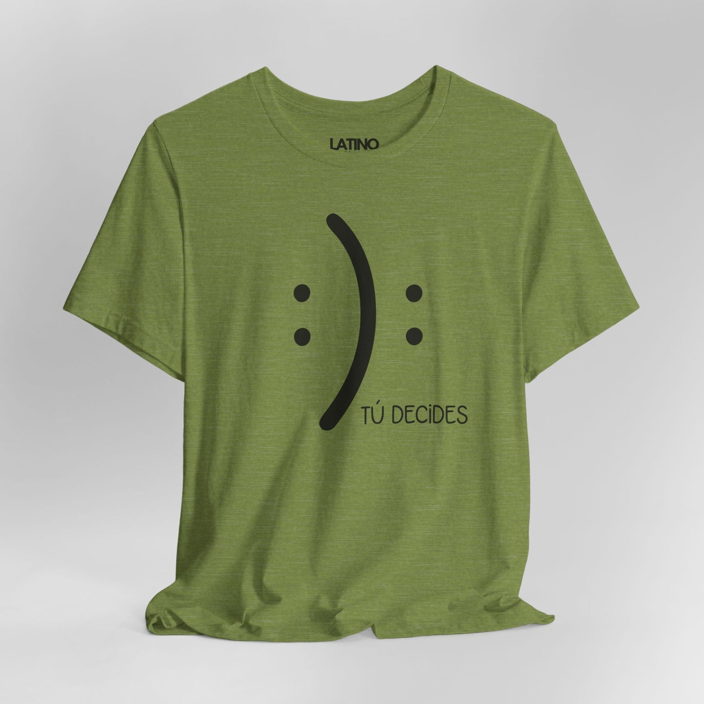 Close Up Tú Decides T-Shirt in heather green featuring black minimalist emoticon design and text Tú Decides. Latino In Da House 