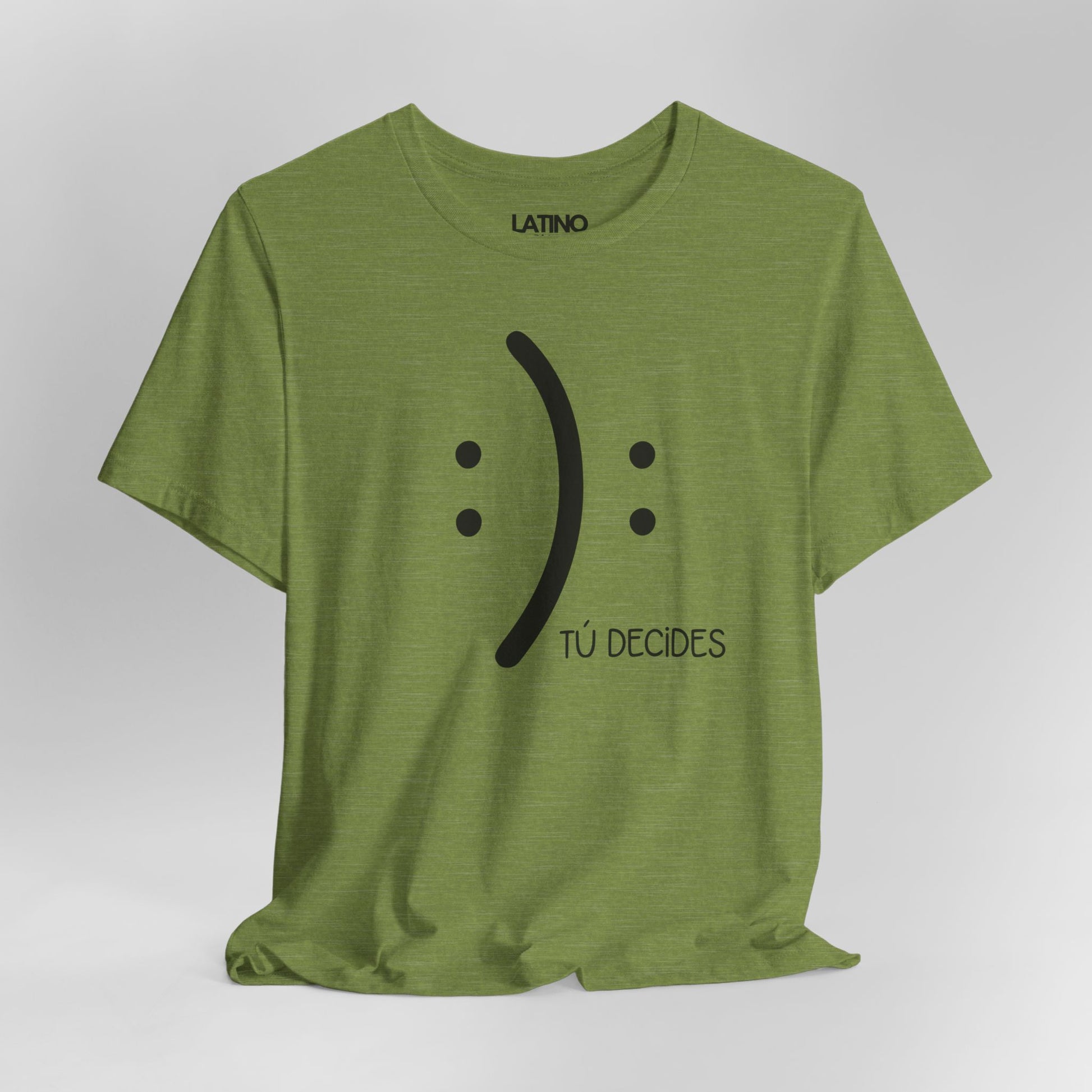 Close Up Tú Decides T-Shirt in heather green featuring black minimalist emoticon design and text Tú Decides. Latino In Da House 