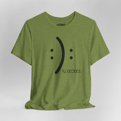 Close Up Tú Decides T-Shirt in heather green featuring black minimalist emoticon design and text Tú Decides. Latino In Da House 