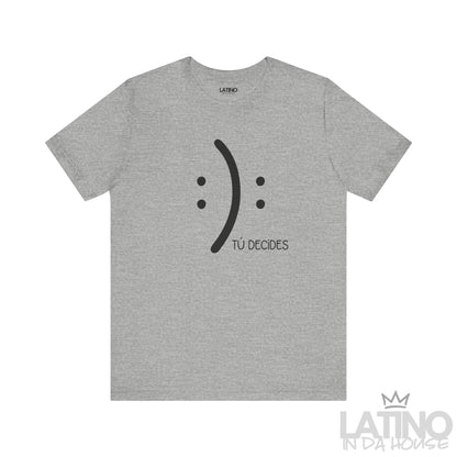 Tú Decides T-Shirt in heather purple with simple smile and frown graphic and text Tú Decides. Latino In Da House 