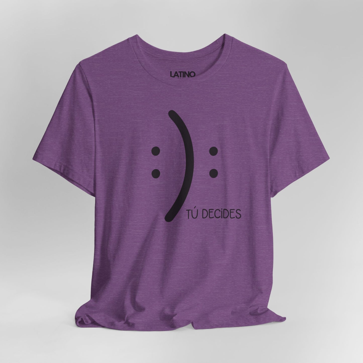 Close Up Decides T-Shirt in heather purple with simple smile and frown graphic and text Tú Decides. Latino In Da House