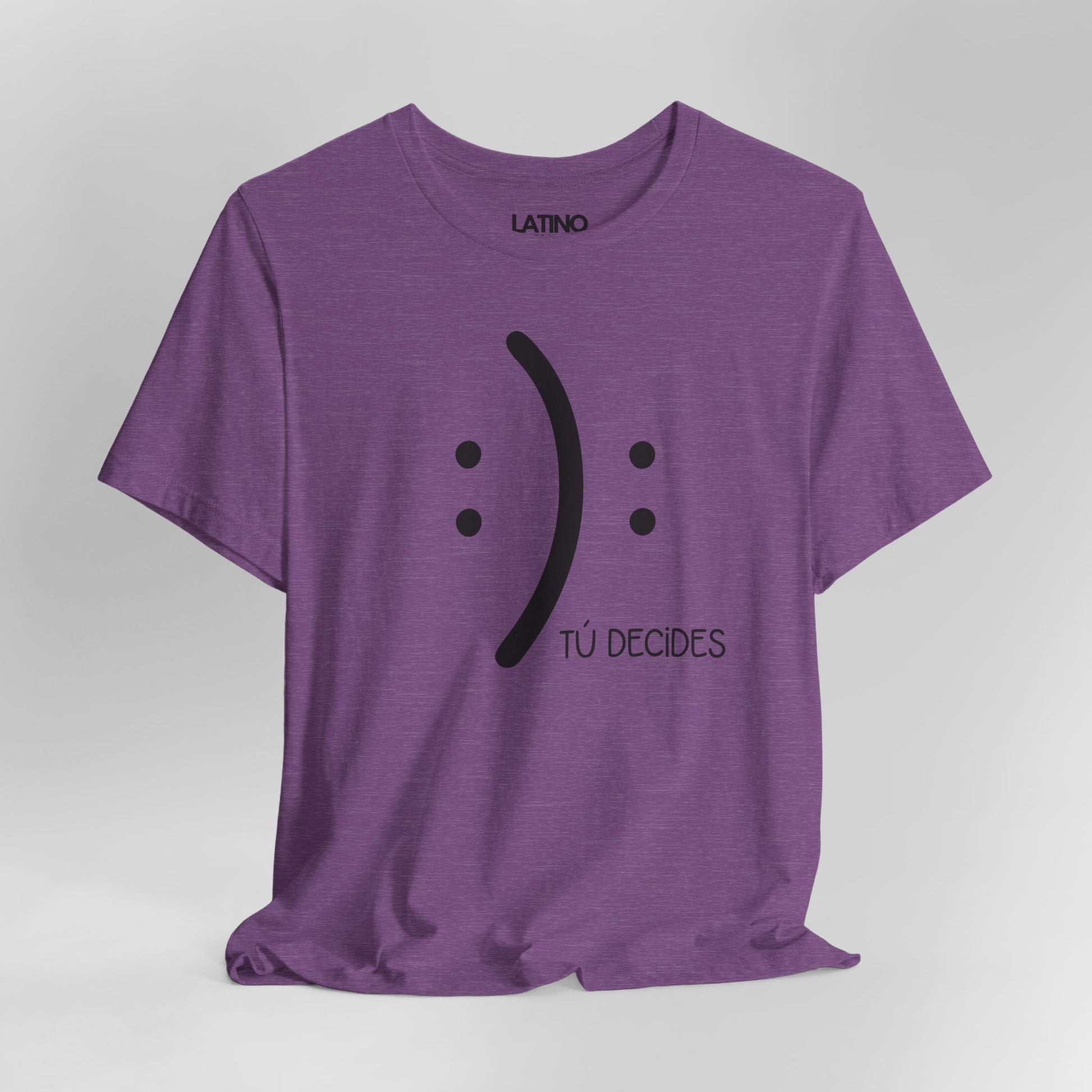 Close Up Decides T-Shirt in heather purple with simple smile and frown graphic and text Tú Decides. Latino In Da House