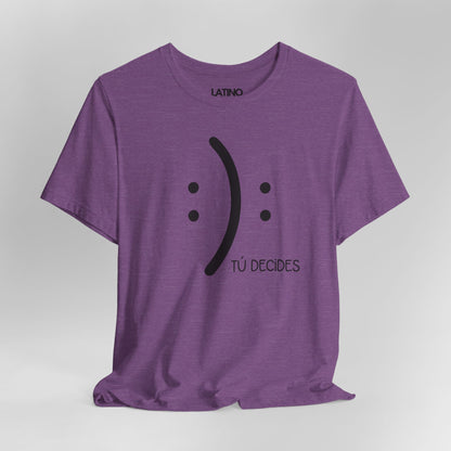 Close Up Decides T-Shirt in heather purple with simple smile and frown graphic and text Tú Decides. Latino In Da House