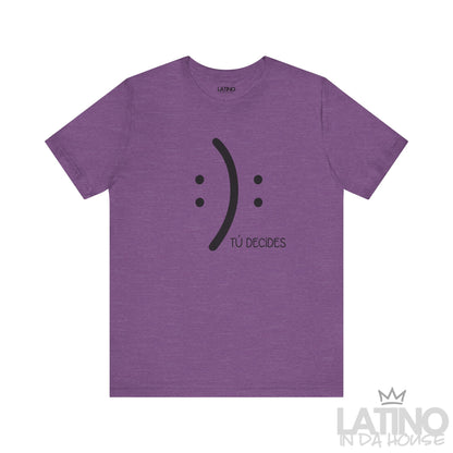 Tú Decides T-Shirt in heather grey with minimalist smile and frown face and text Tú Decides. Latino In Da House 
