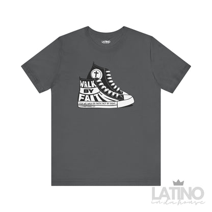Asphalt gray T-shirt featuring a black and white Converse-style sneaker graphic with the phrase “Walk By Faith” and Bible verse 2 Corinthians 5:7.