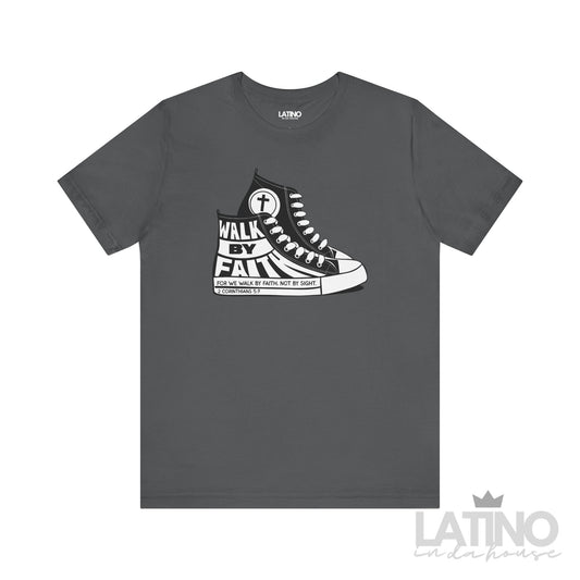 Asphalt gray T-shirt featuring a black and white Converse-style sneaker graphic with the phrase “Walk By Faith” and Bible verse 2 Corinthians 5:7.