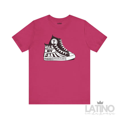 Berry color T-shirt featuring a black and white Converse-style sneaker graphic with the phrase “Walk By Faith” and Bible verse 2 Corinthians 5:7.