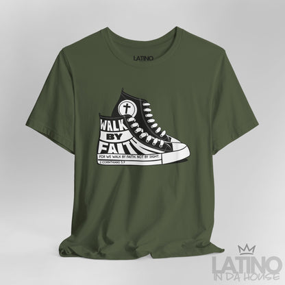 Close-up of Walk By Faith Military Green T-shirt showing sneaker details and 2 Corinthians 5:7 text on sole. Latino In Da House