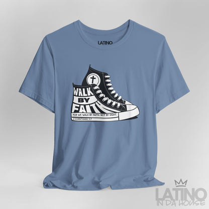 Close-up of Walk By Faith Steel Blue T-shirt showing sneaker details and 2 Corinthians 5:7 text on sole. Latino In Da House