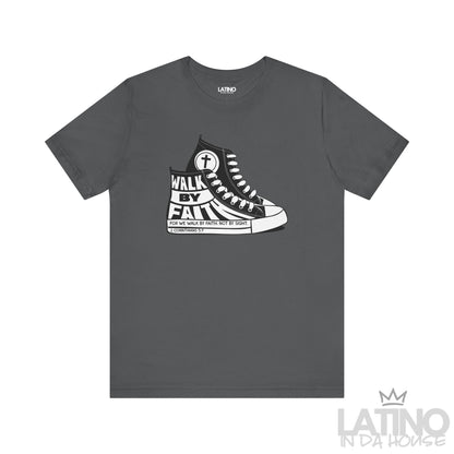 Walk By Faith T-Shirt in asphalt grey with sneaker graphic and “walk by faith, not by sight. Latino In Da House 