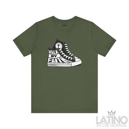 Walk By Faith T-Shirt in military green with bold sneaker artwork and Scripture reference. Latino In Da House 