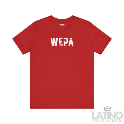 Red WEPA T-shirt with white distressed letters, classic Boricua pride tee full of energy. Latino In Da House