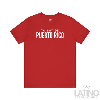 Yo Soy de Puerto Rico T-Shirt in Red — white text design. Latino In Da House 
